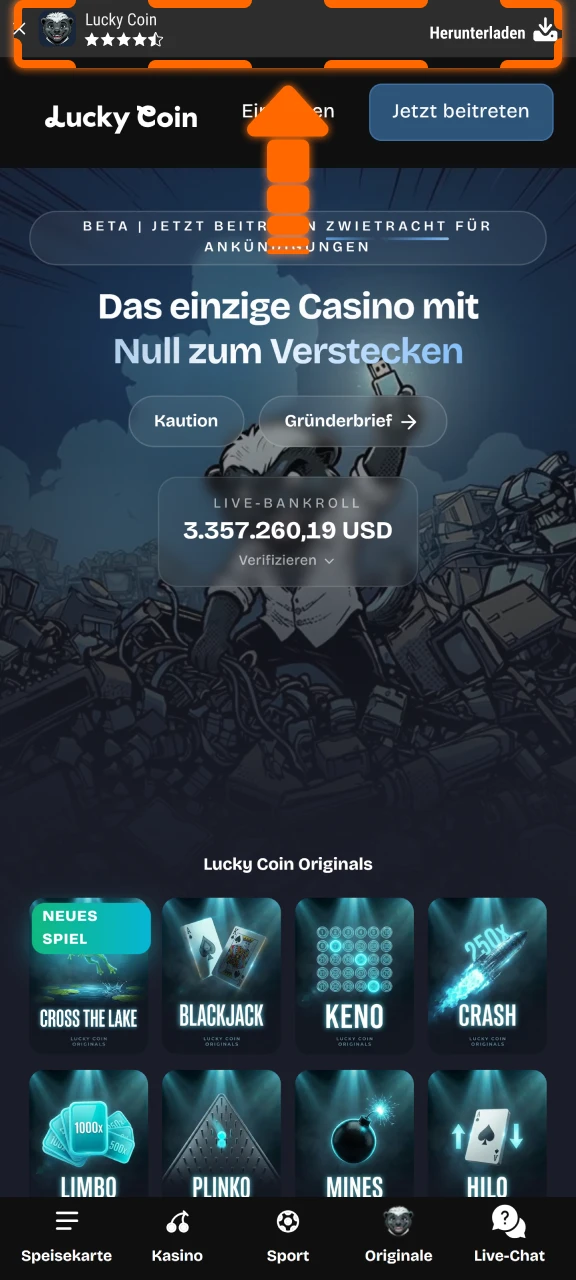 Starte den Download der Lucky Coin App APK für Android.