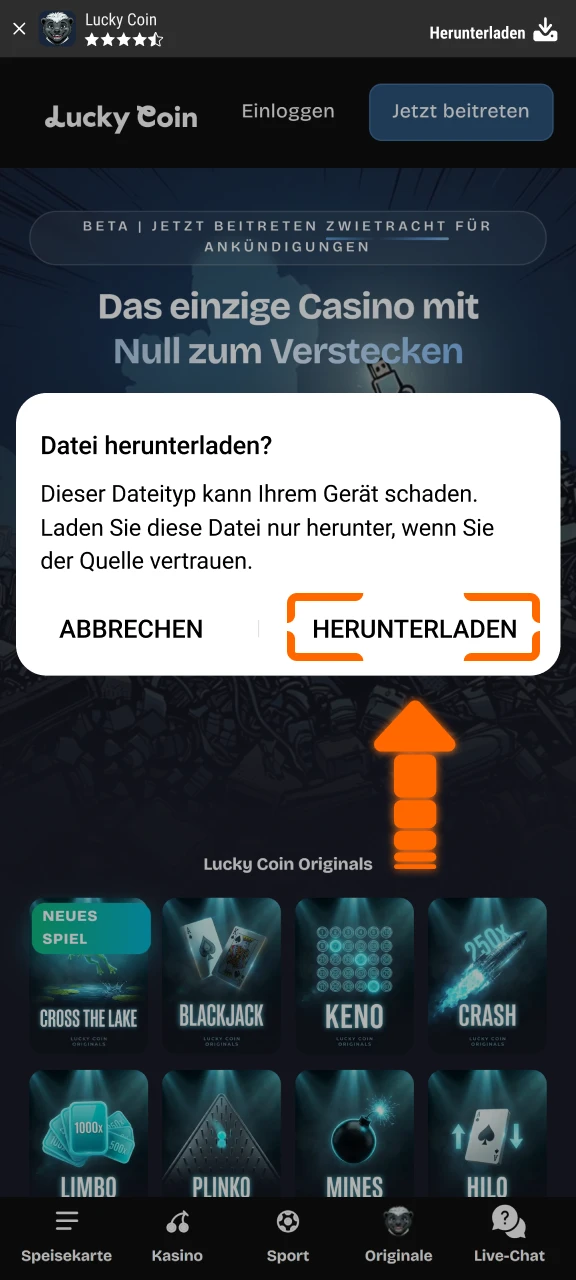 Bestätige das Pop-up-Fenster zum Laden der Lucky Coin Android App.