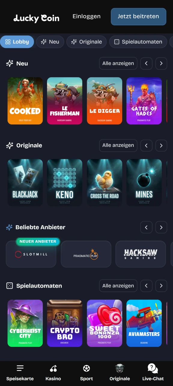 Starte die besten Casinospiele in der mobilen Lucky Coin App.