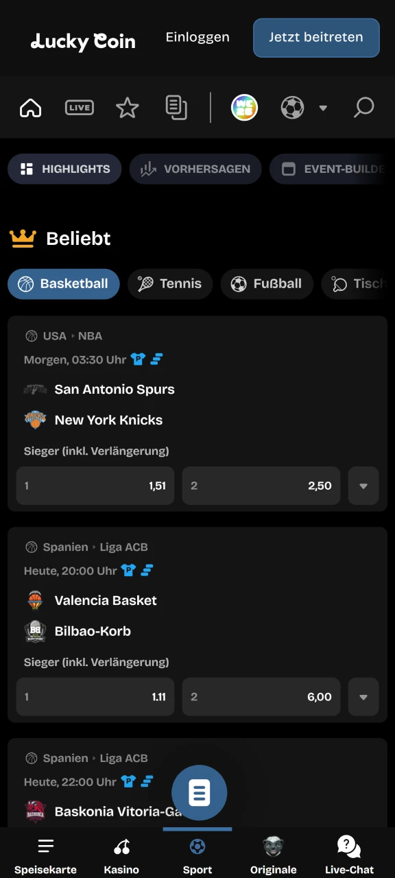 Platziere gewinnbringende Sportwetten direkt in der Lucky Coin App.