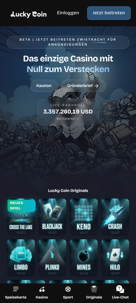 Öffne den Hauptbildschirm der Lucky Coin App und entdecke tolle Funktionen.