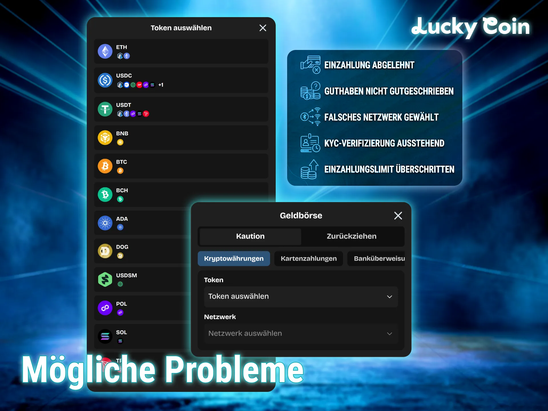 Löse eventuelle probleme bei der Lucky Coin einzahlung schnell und unkompliziert.