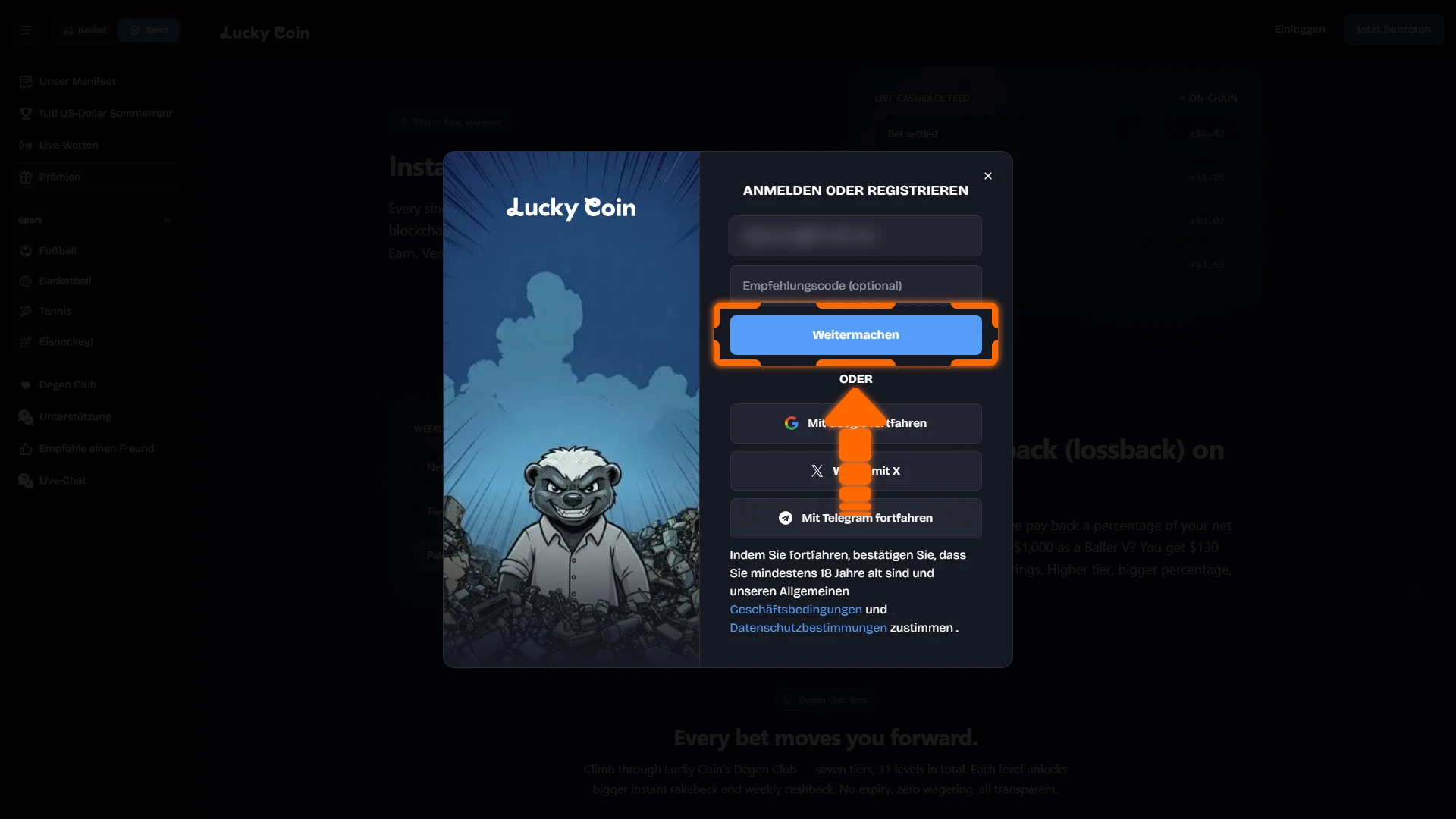 Bestätige dein Konto für die Lucky Coin Registrierung und Verifizierung.