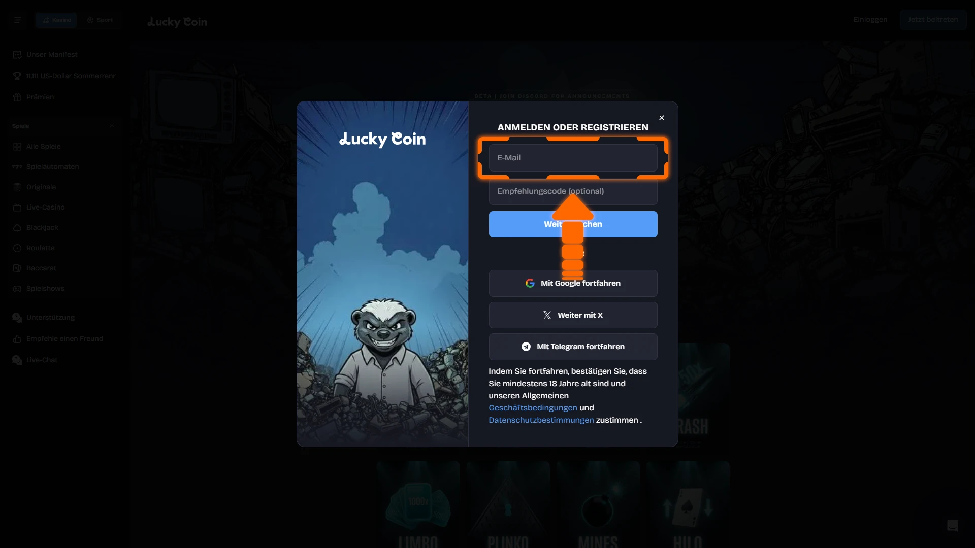 Trage deine persönlichen Daten für die Lucky Coin Anmeldung vollständig ein.