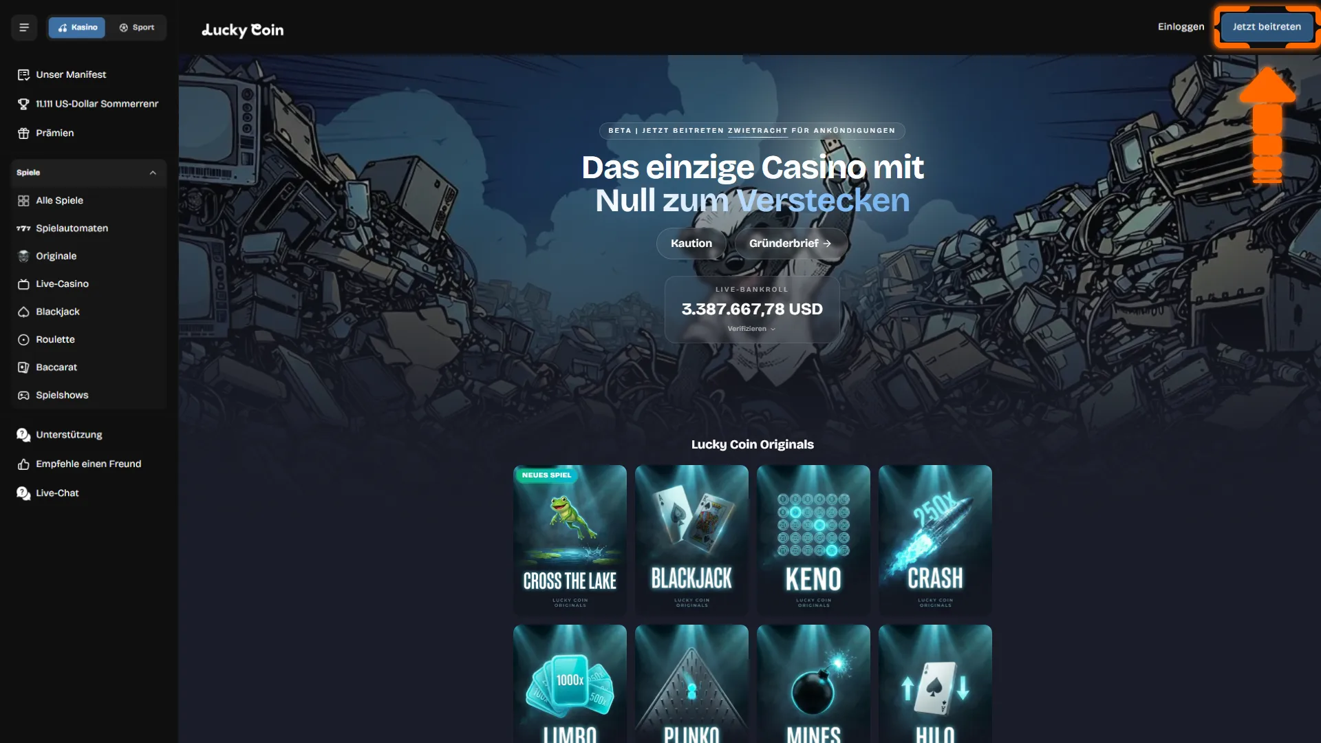 Beginne die Lucky Coin Anmeldung durch einen Klick auf den Registrierungsbutton.