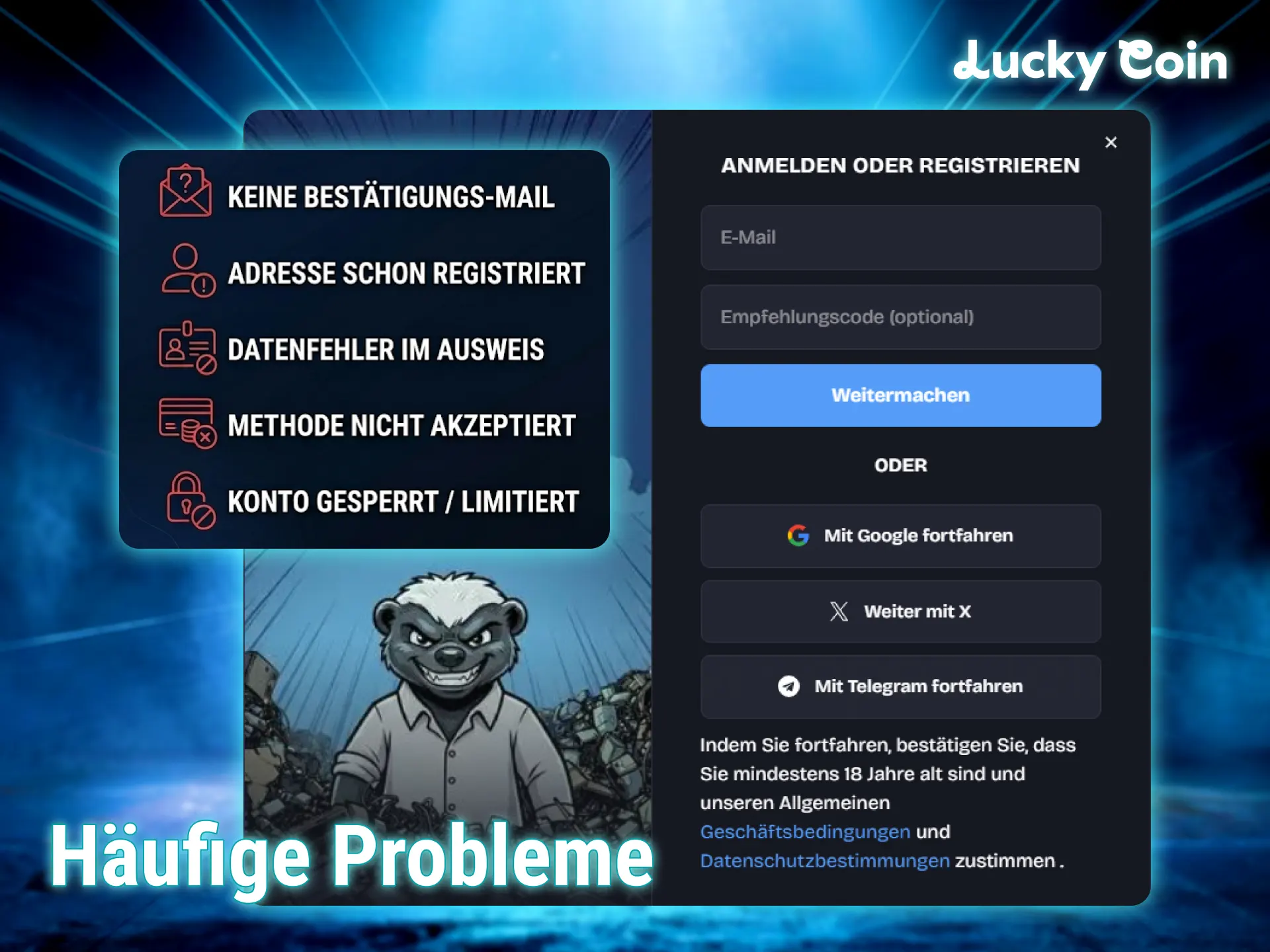 Löse Fehler bei der Lucky Coin Registrierung für einen schnellen Login.