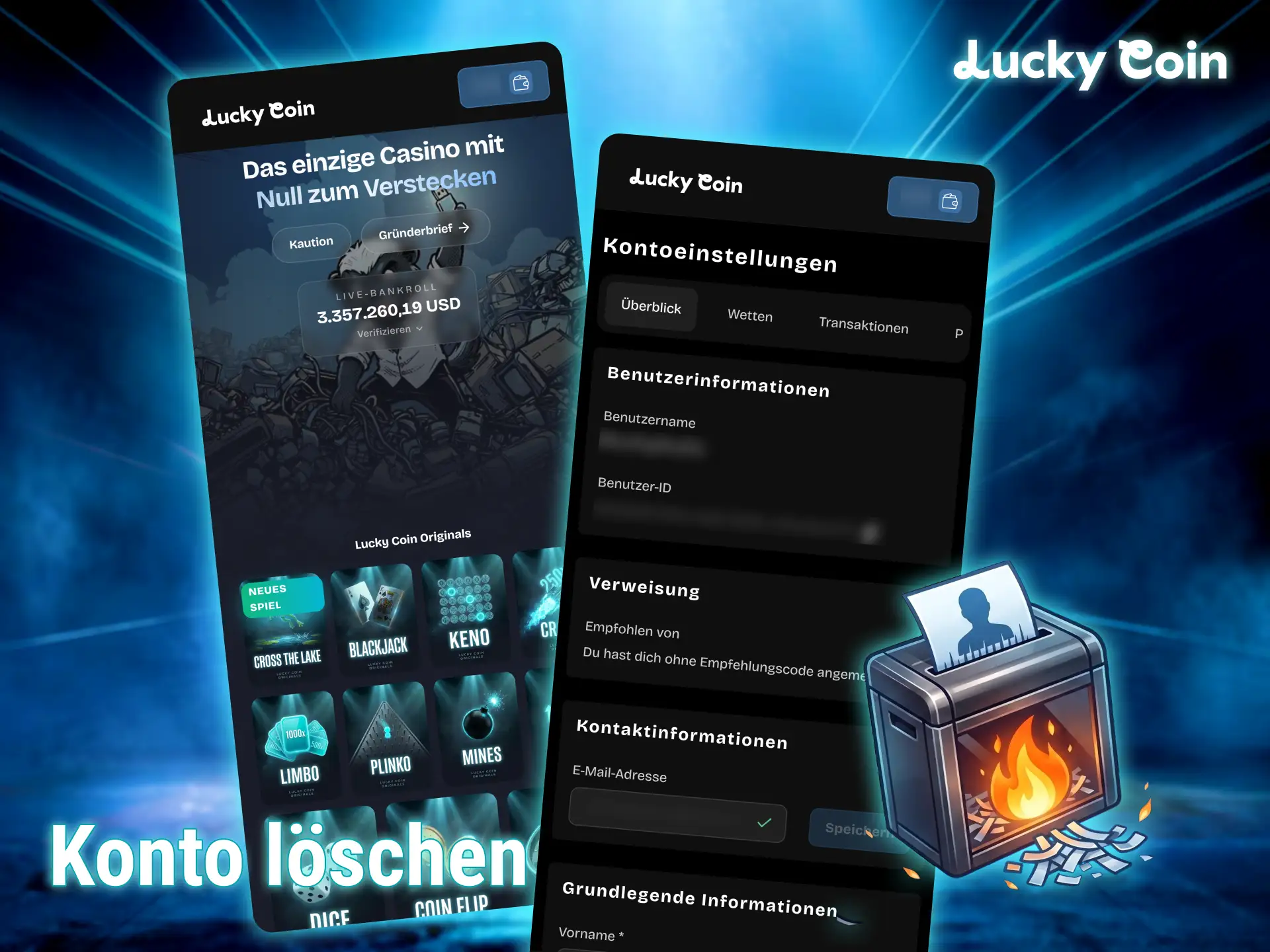 Schließe dein Profil und beende deine Lucky Coin Registrierung dauerhaft.