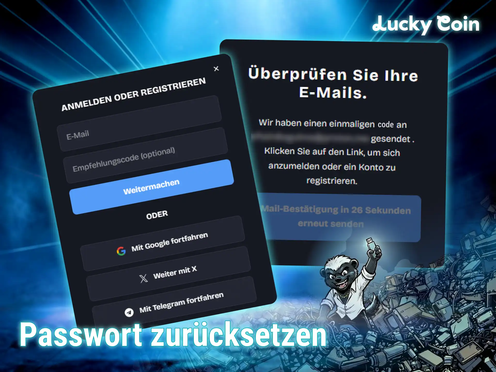 Erneuere dein Passwort für den sicheren Lucky Coin Login und die Verifizierung.