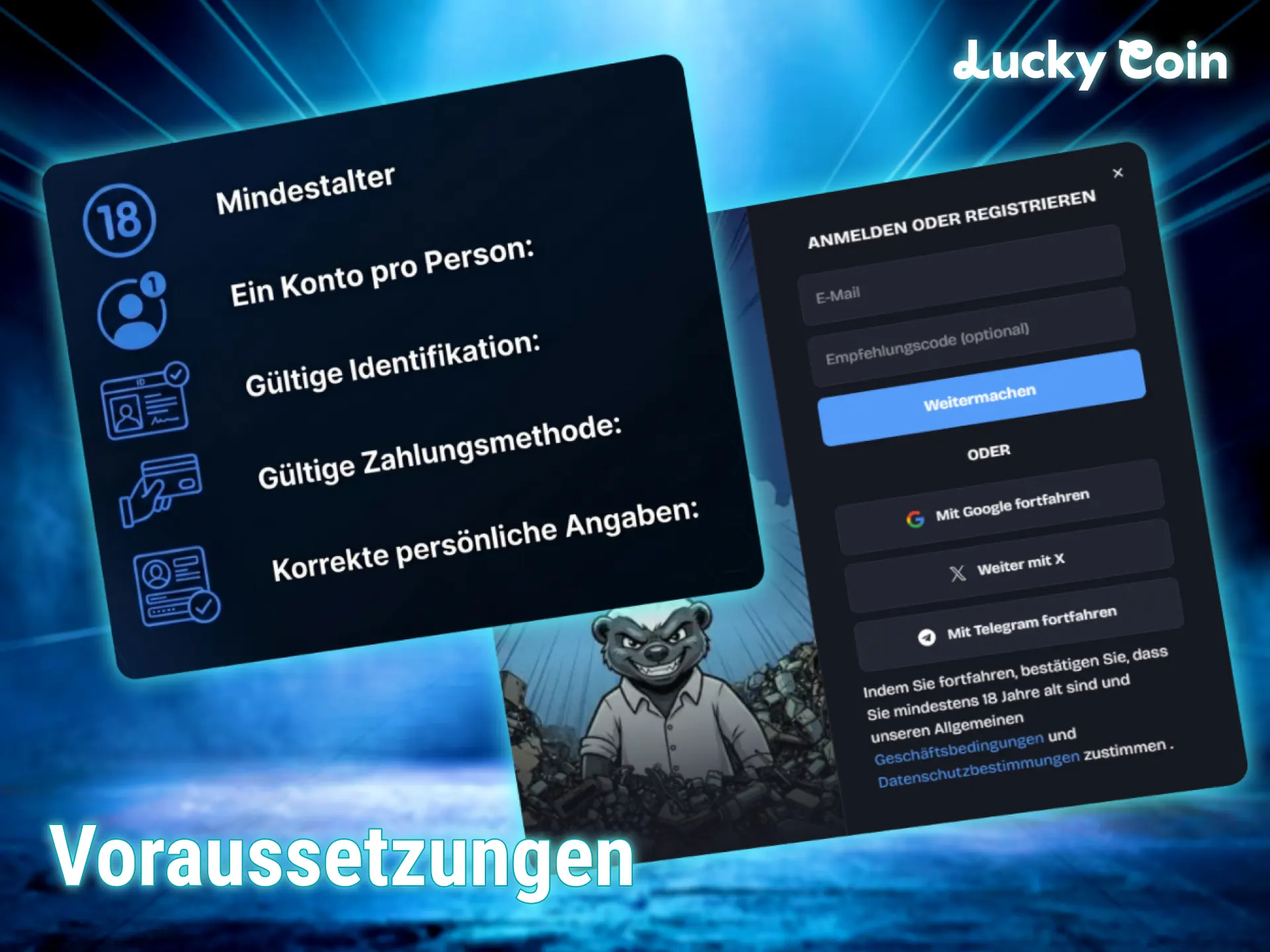 Erfülle alle Bedingungen für deine erfolgreiche Lucky Coin Registrierung und den Login.