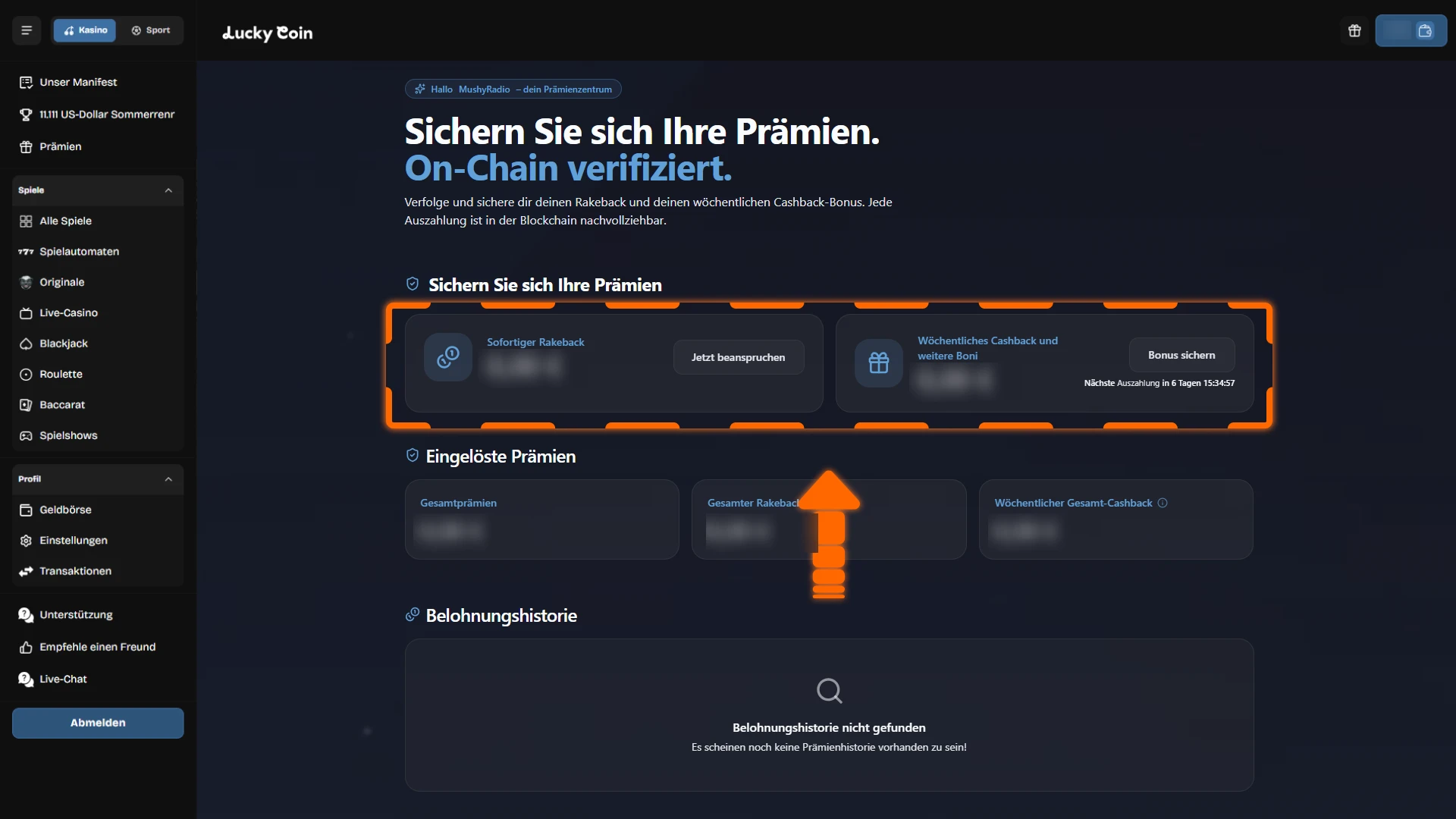 Sichere dir Cashback und den Lucky Coin Willkommensbonus nach der Verifizierung.