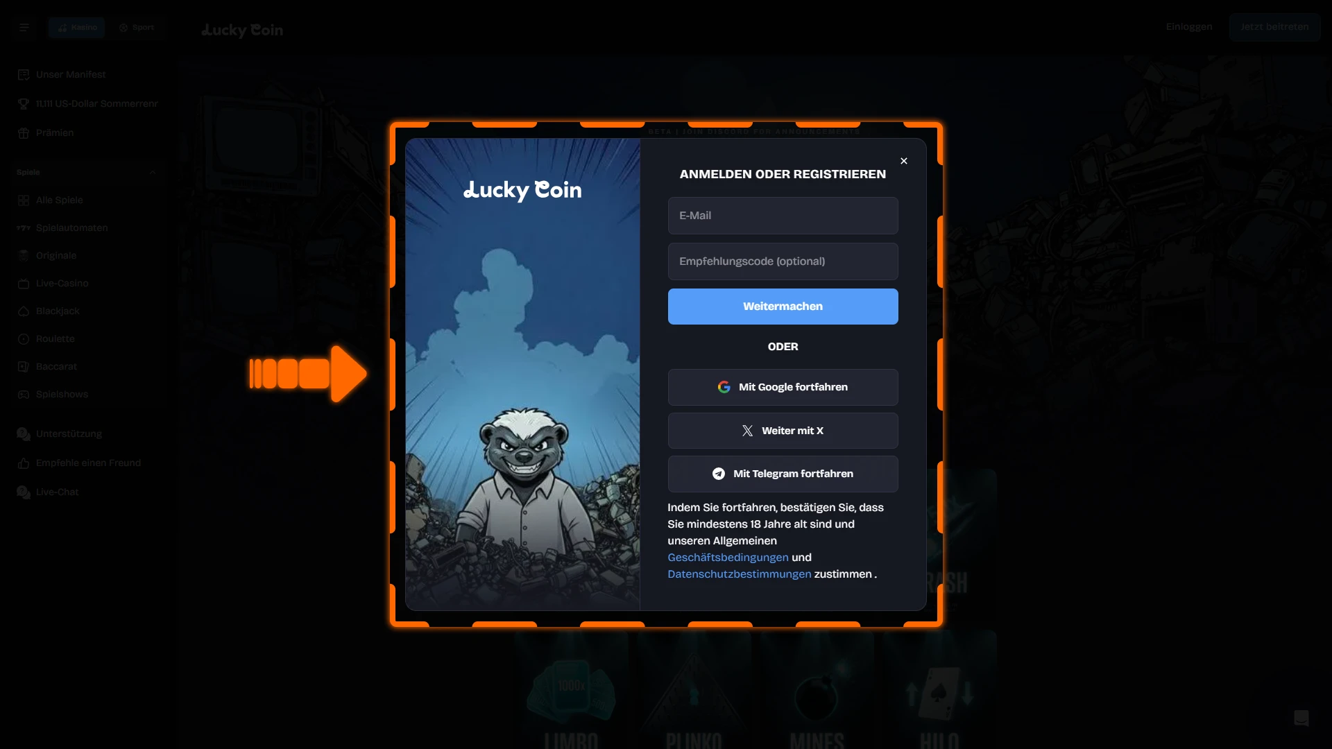 Erstelle ein neues Konto für die Lucky Coin Registrierung und den Willkommensbonus.