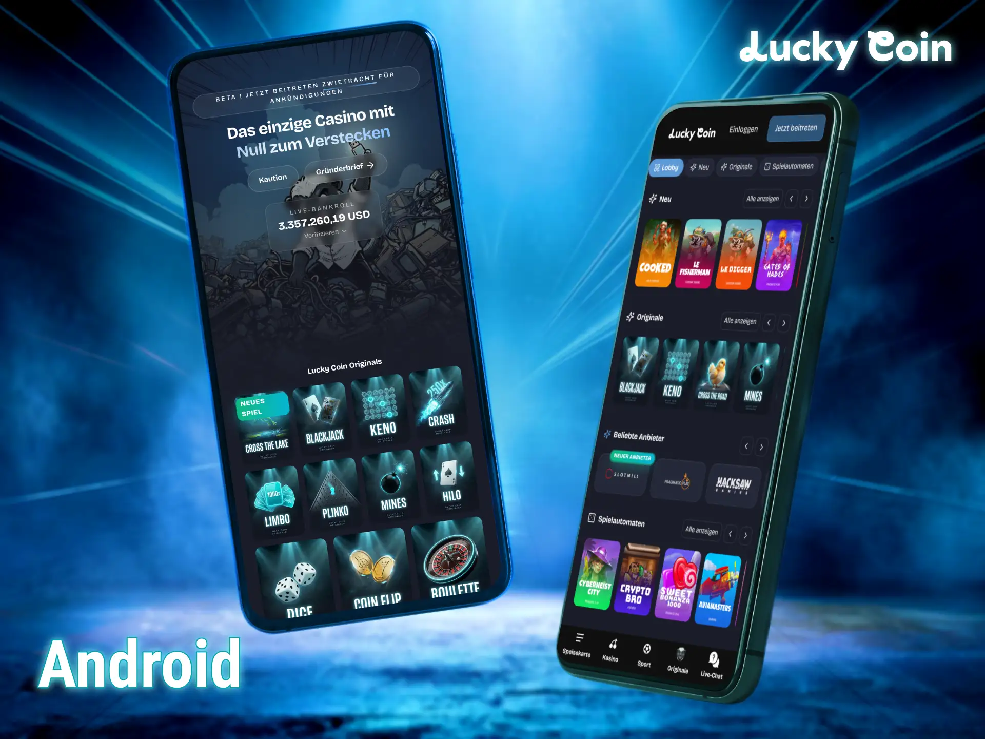 Genieße das Lucky Coin live casino online auf deinem Android gerät.