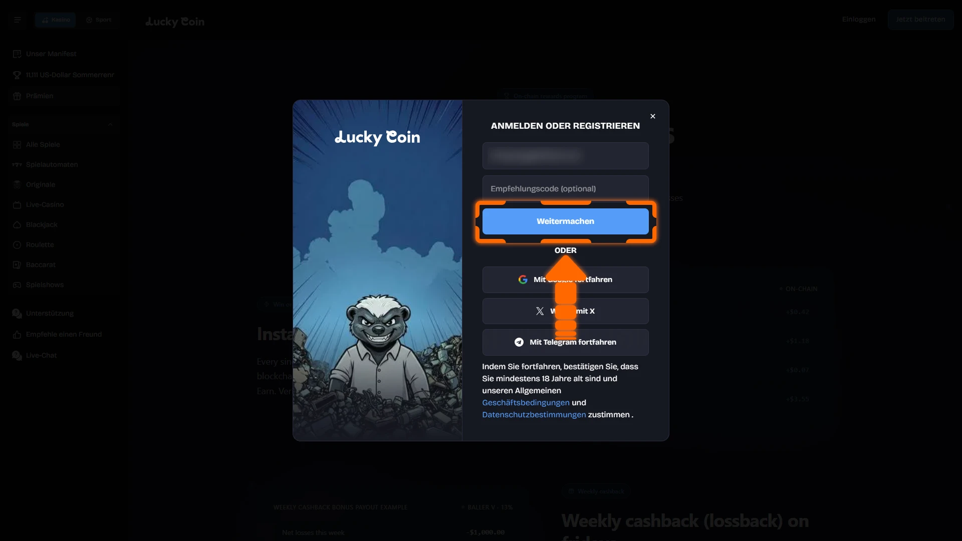 Bestätige die anmeldung im Lucky Coin casino und beginne zu spielen.