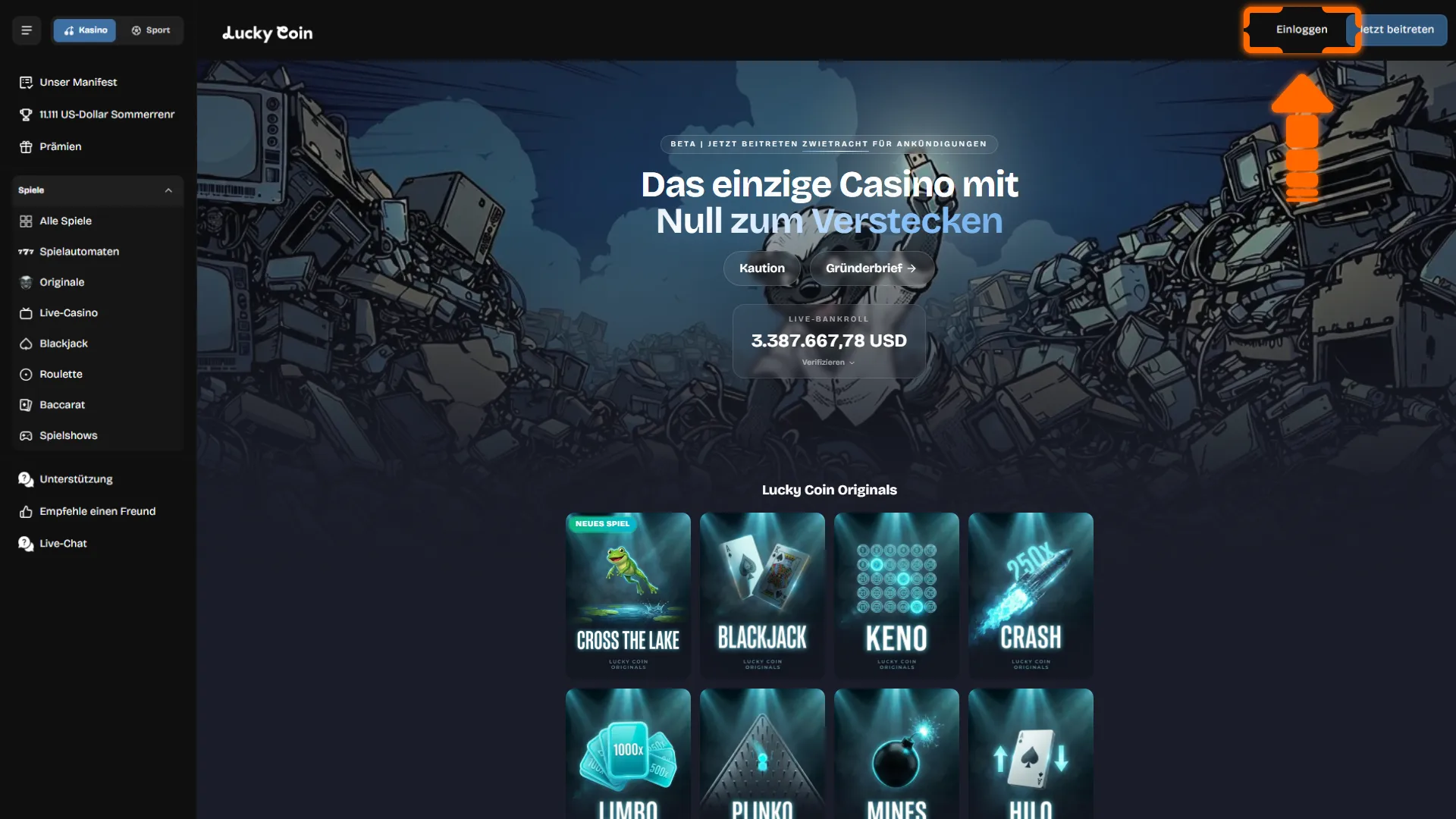 Öffne die login-seite für die anmeldung im Lucky Coin casino.