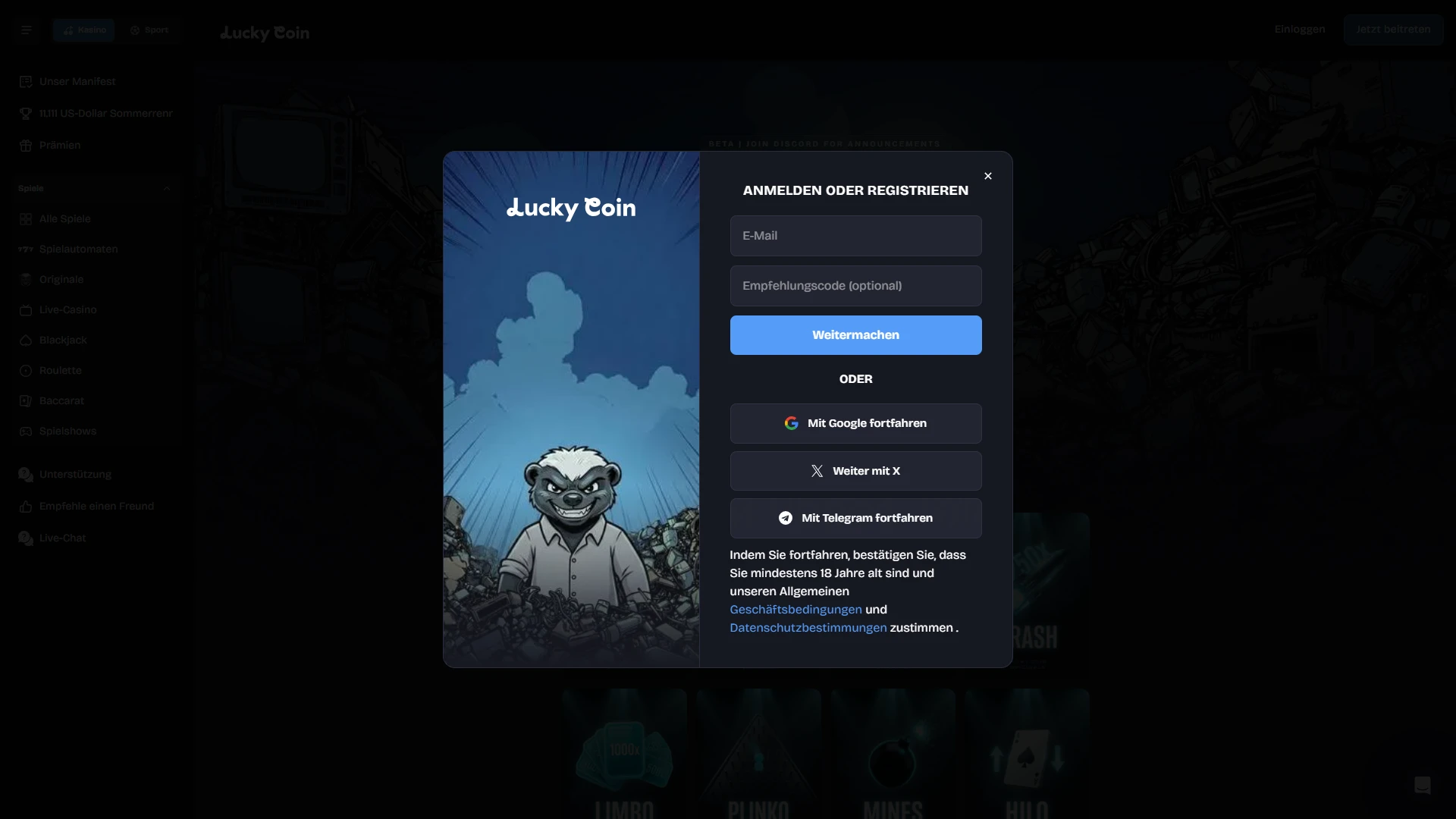 Registriere dich auf der Lucky Coin Website und erstelle dein Spielkonto.