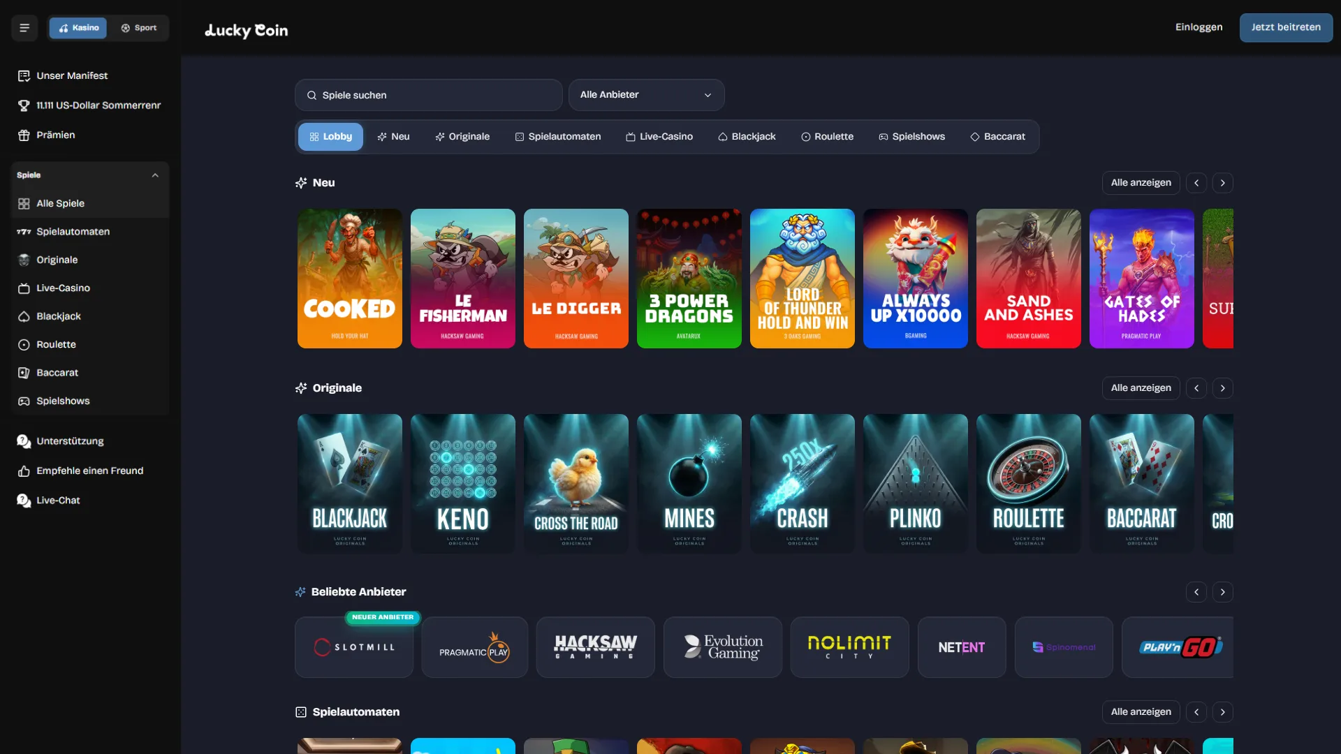 Spiele abwechslungsreiche Slots im Lucky Coin Online Casino mit Echtgeld.