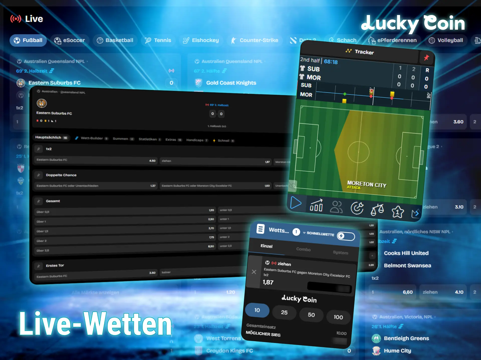 Platziere spannende live sportwetten in echtzeit auf der Lucky Coin webseite.