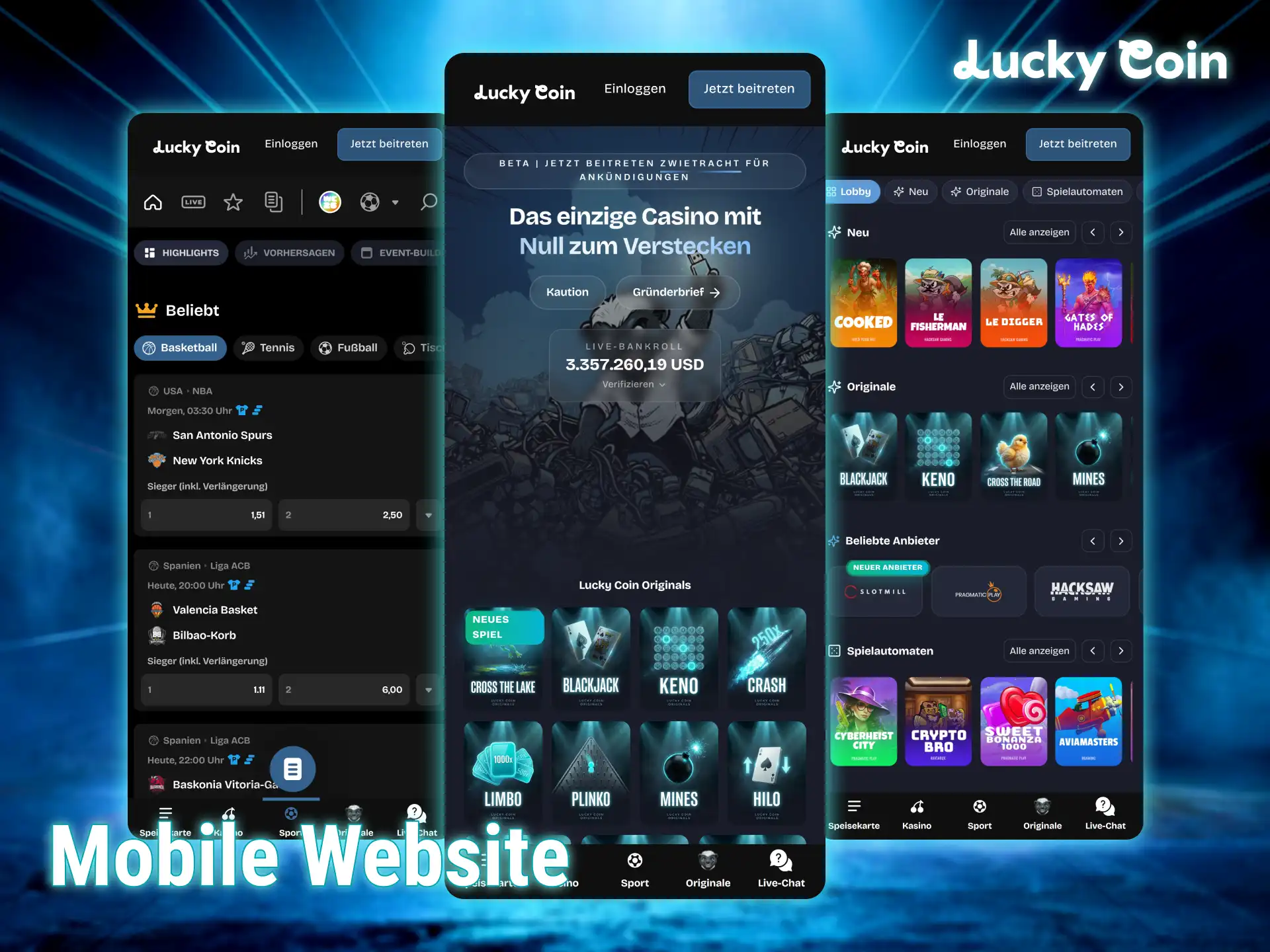 Besuche die mobile version von Lucky Coin für komfortable sportwetten.